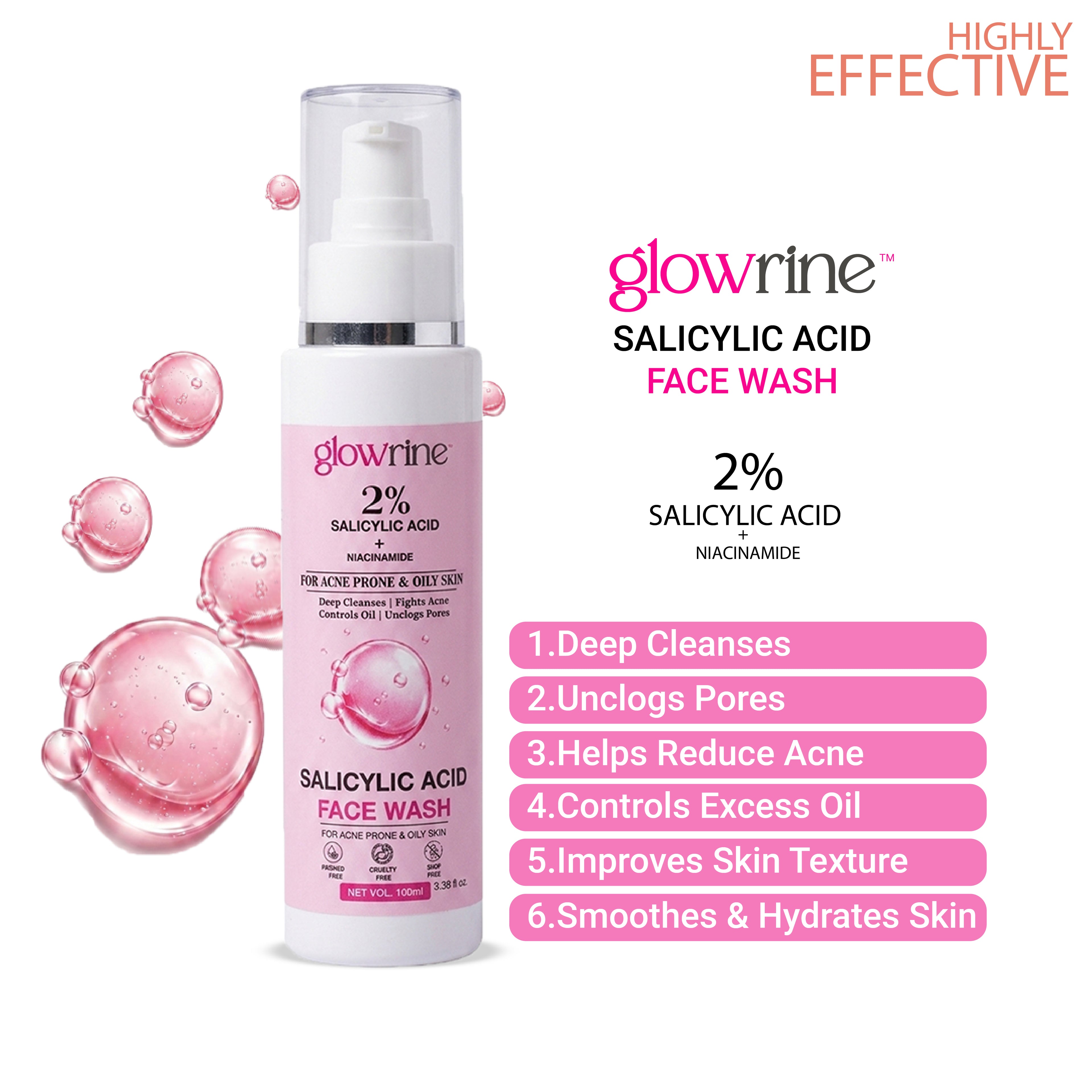 Glowrine Salicylic Acid Face Wash 100ml | Daily Facial Cleanser for Oily Skin